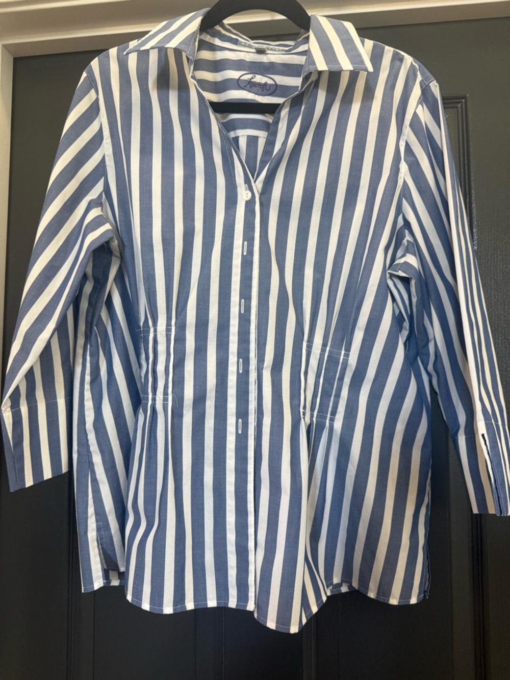 Foxcroft Striped Button-Front Shirt Dress in Blue & White